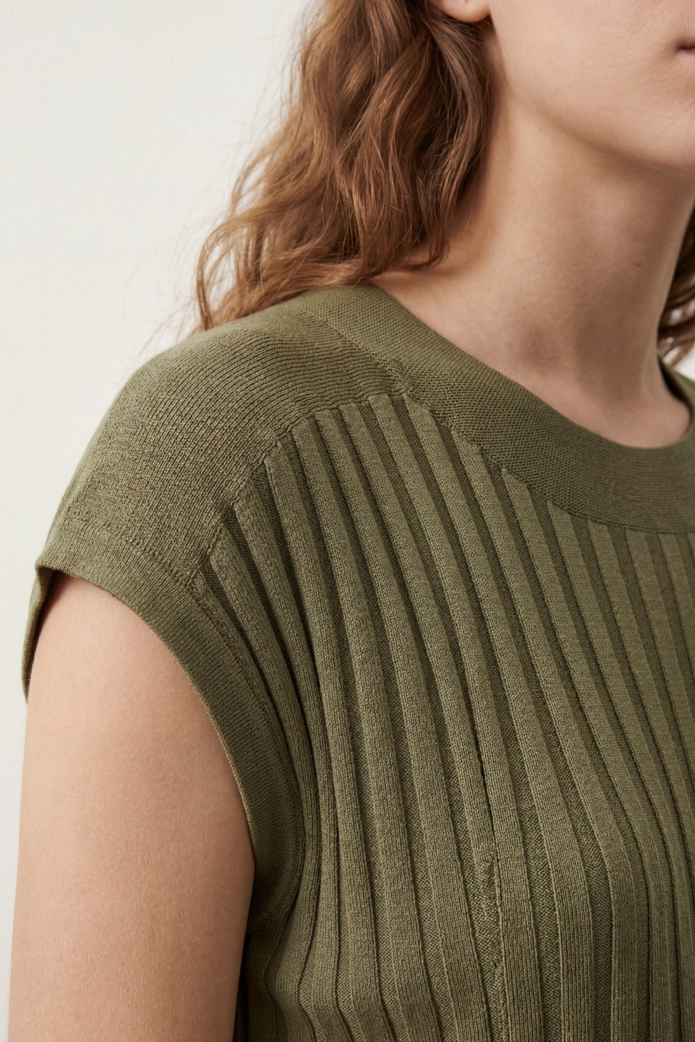 Khaki fine Rib knitted Sweater with boat neck