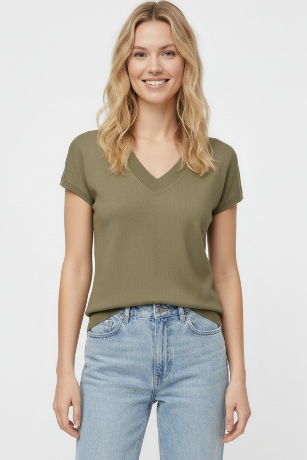 Khaki lightweight knit V-neck sweater with short sleeves