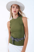 Q2 Khaki Sleeveless Ribbed knitted Top