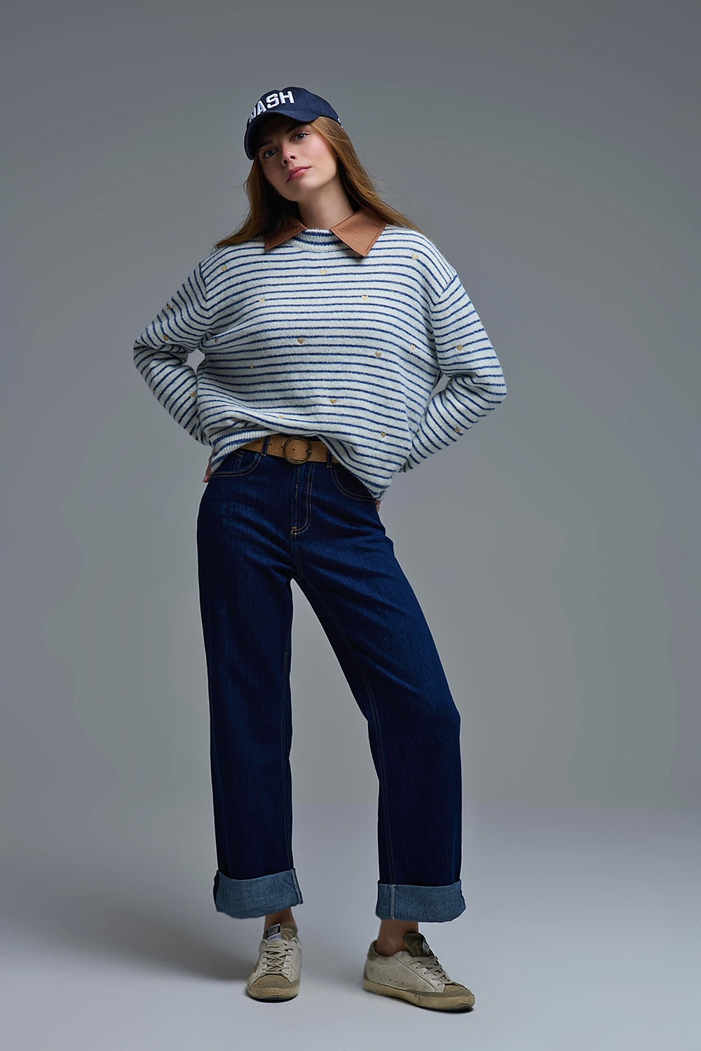 Knit Sweater with Blue Stripes and gold Heart embroidered