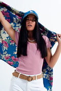 Q2 Knitted fit rib crew neck sweater in pink