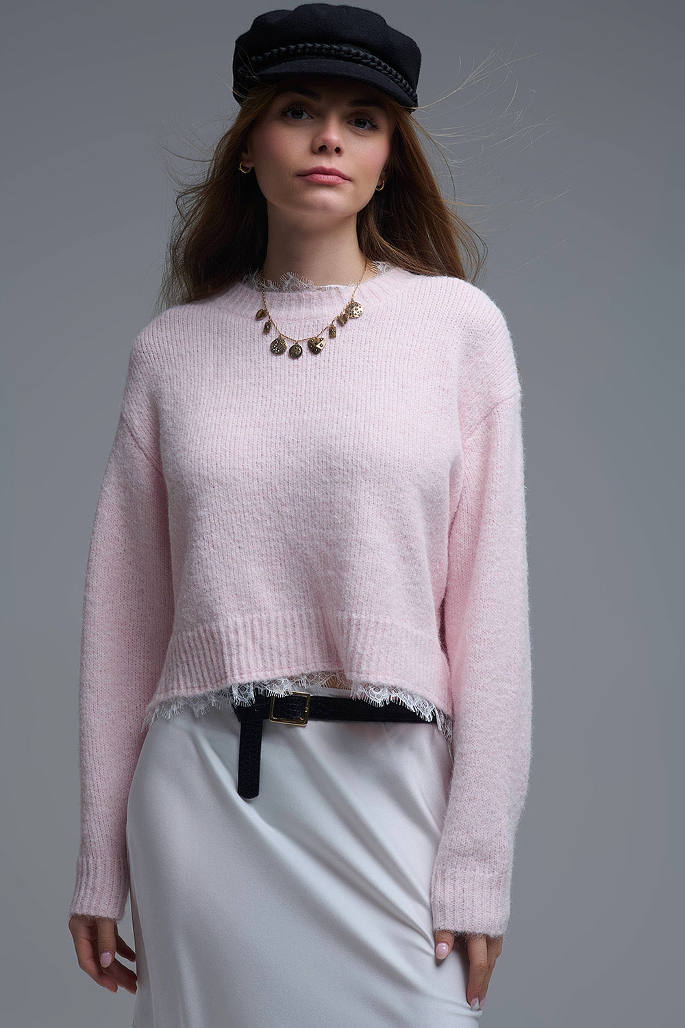 Q2 Lace Detail Relaxed Pink Sweater
