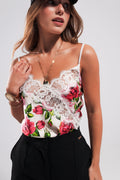 Q2 Lace trim satin cami in rose print