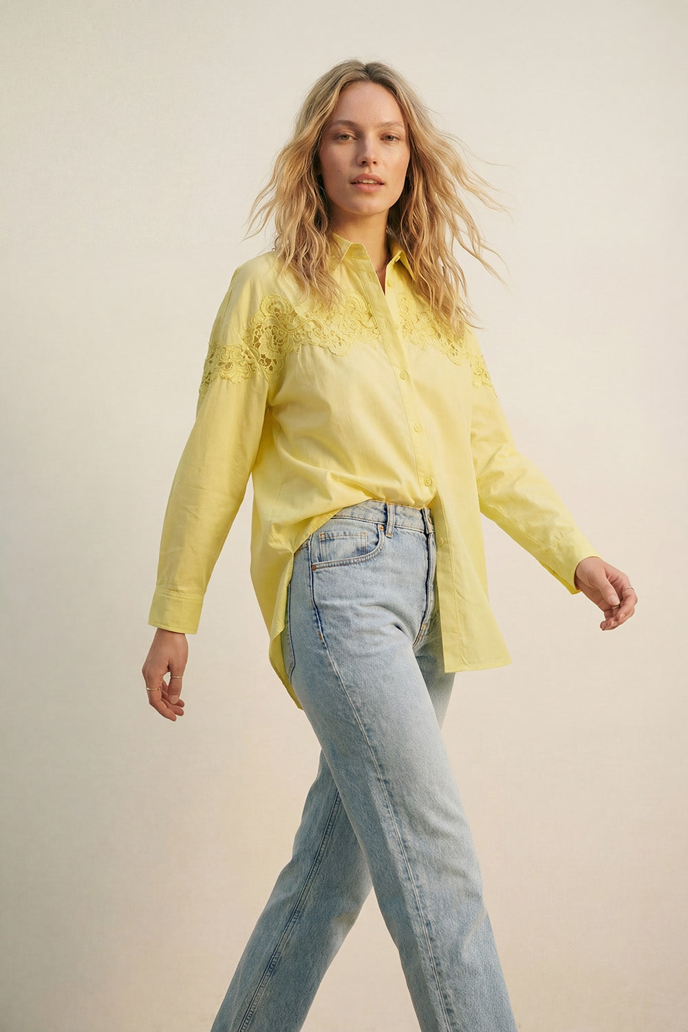 Yellow Oversized Poplin Shirt with Lace Detail