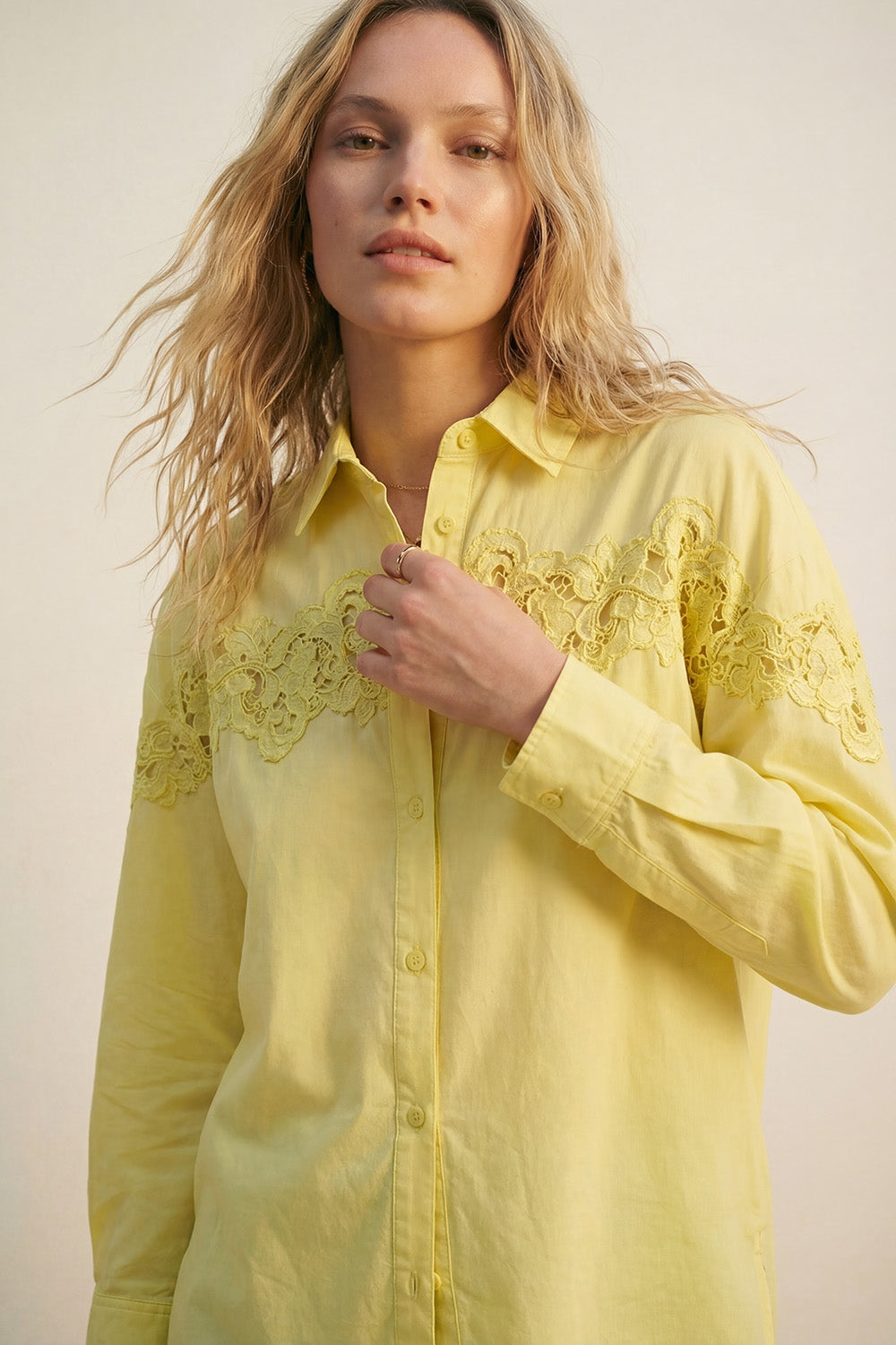 Yellow Oversized Poplin Shirt with Lace Detail