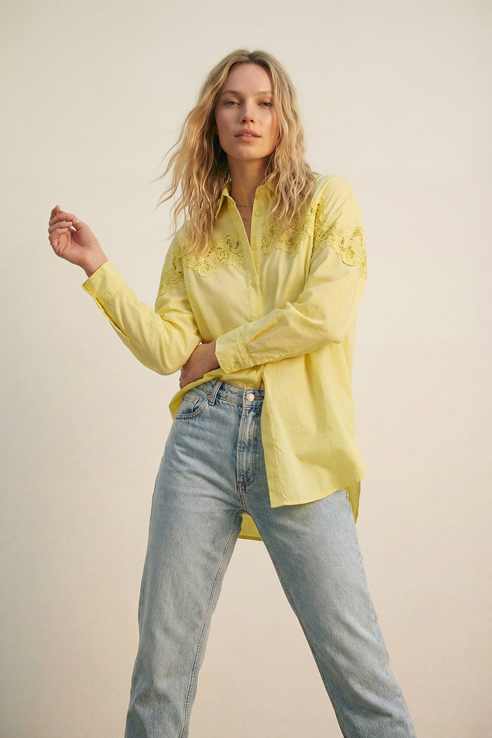 Yellow Oversized Poplin Shirt with Lace Detail