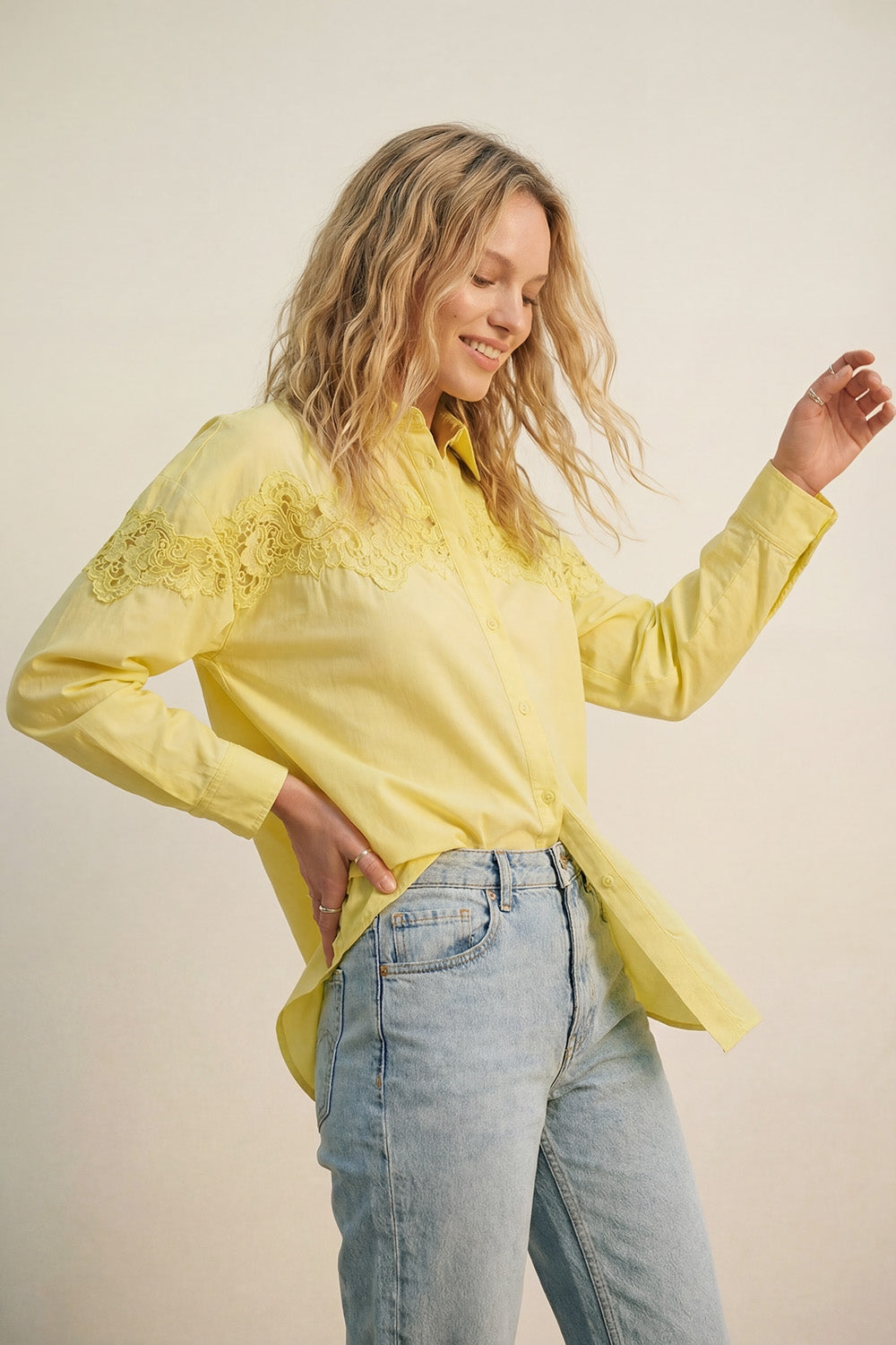 Yellow Oversized Poplin Shirt with Lace Detail