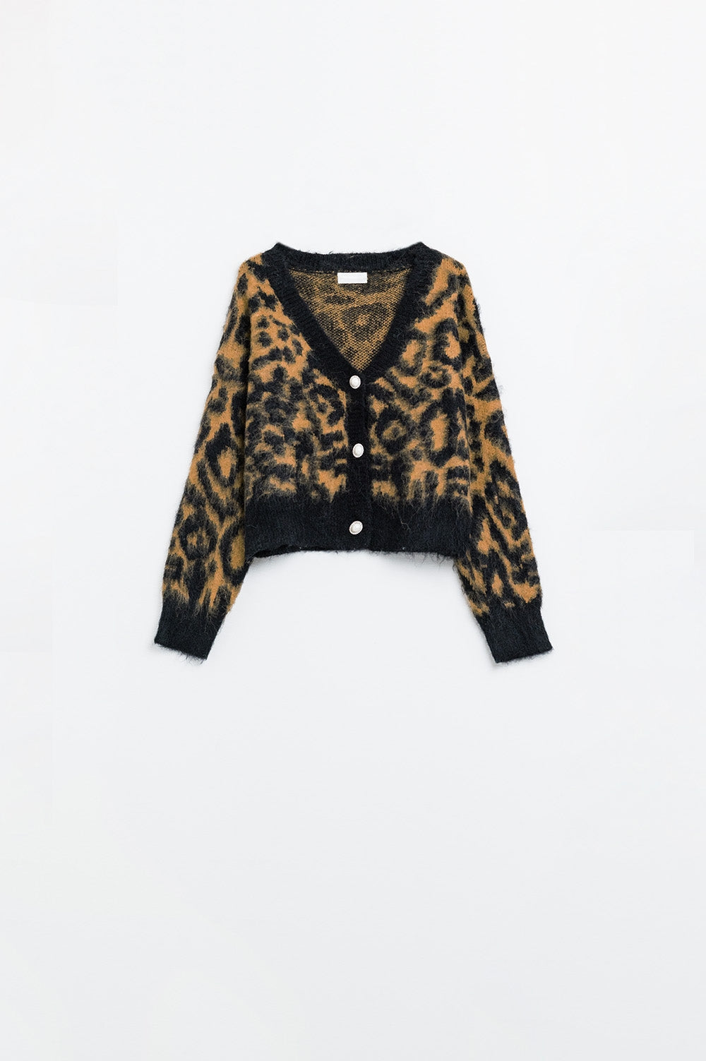 Q2 Leopard print cardigan made of knitted fabric with wool in Camel