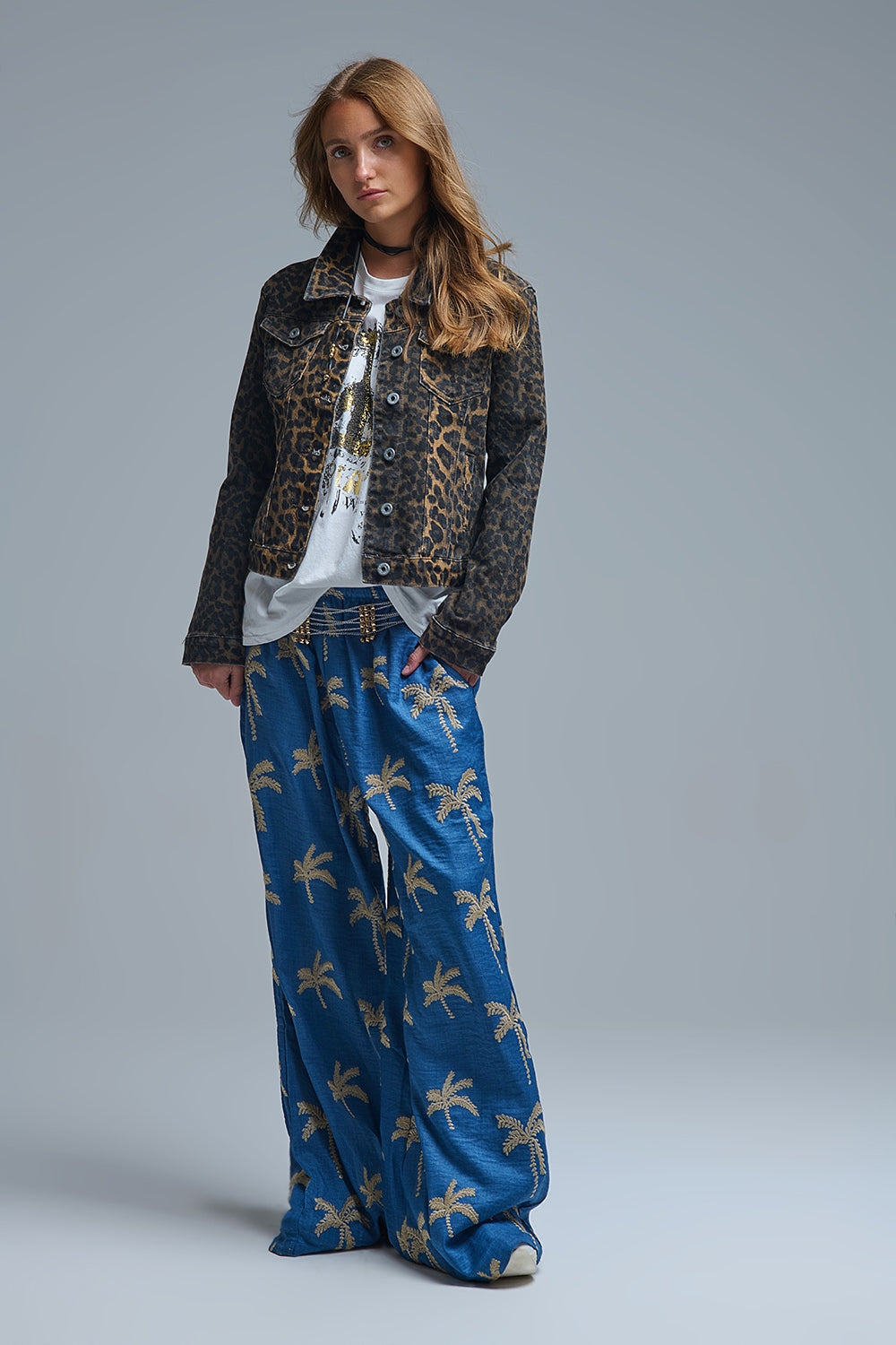 Leopard Print Denim Jacket in denim fabric