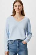 Light blue Fine Knit V-Neck Sweater with Subtle Linear Texture