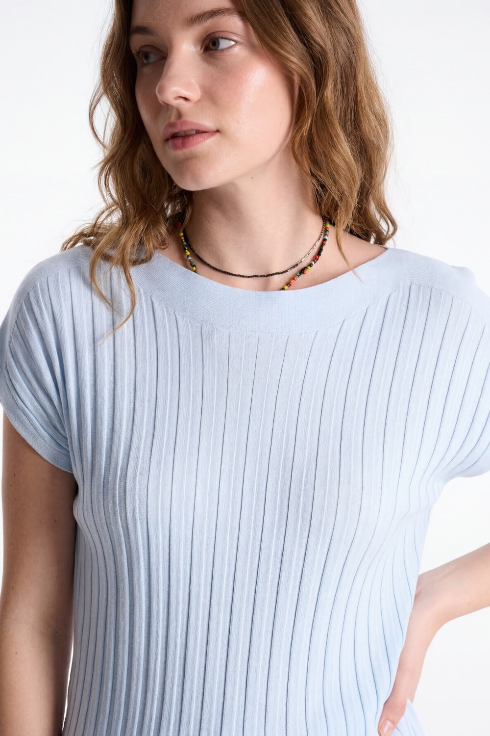 light blue fine Rib knitted Sweater with boat neck