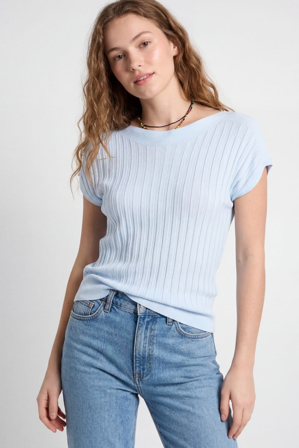 light blue fine Rib knitted Sweater with boat neck