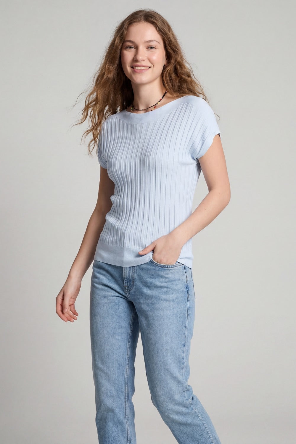 light blue fine Rib knitted Sweater with boat neck