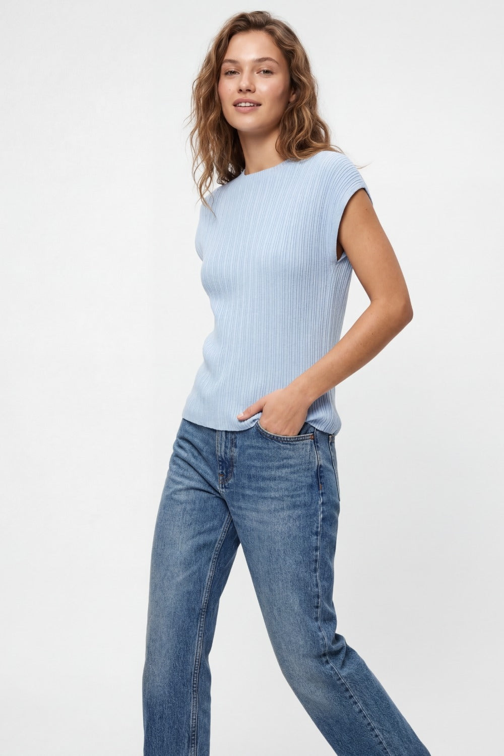 Light Blue fine Ribbed Knit Top with sleeveless