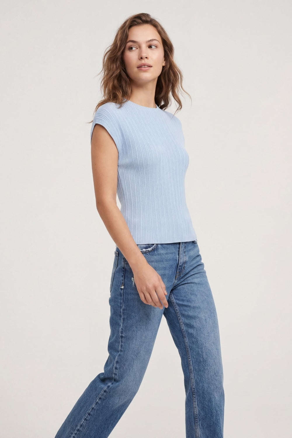 Light Blue fine Ribbed Knit Top with sleeveless