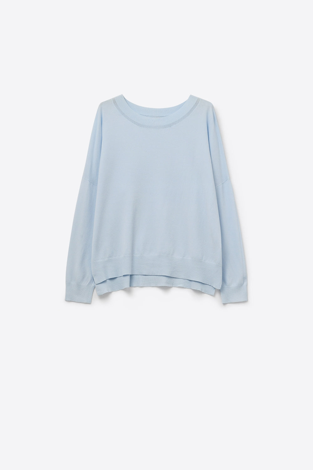 Q2 light blue knit sweater with mesh collar detail