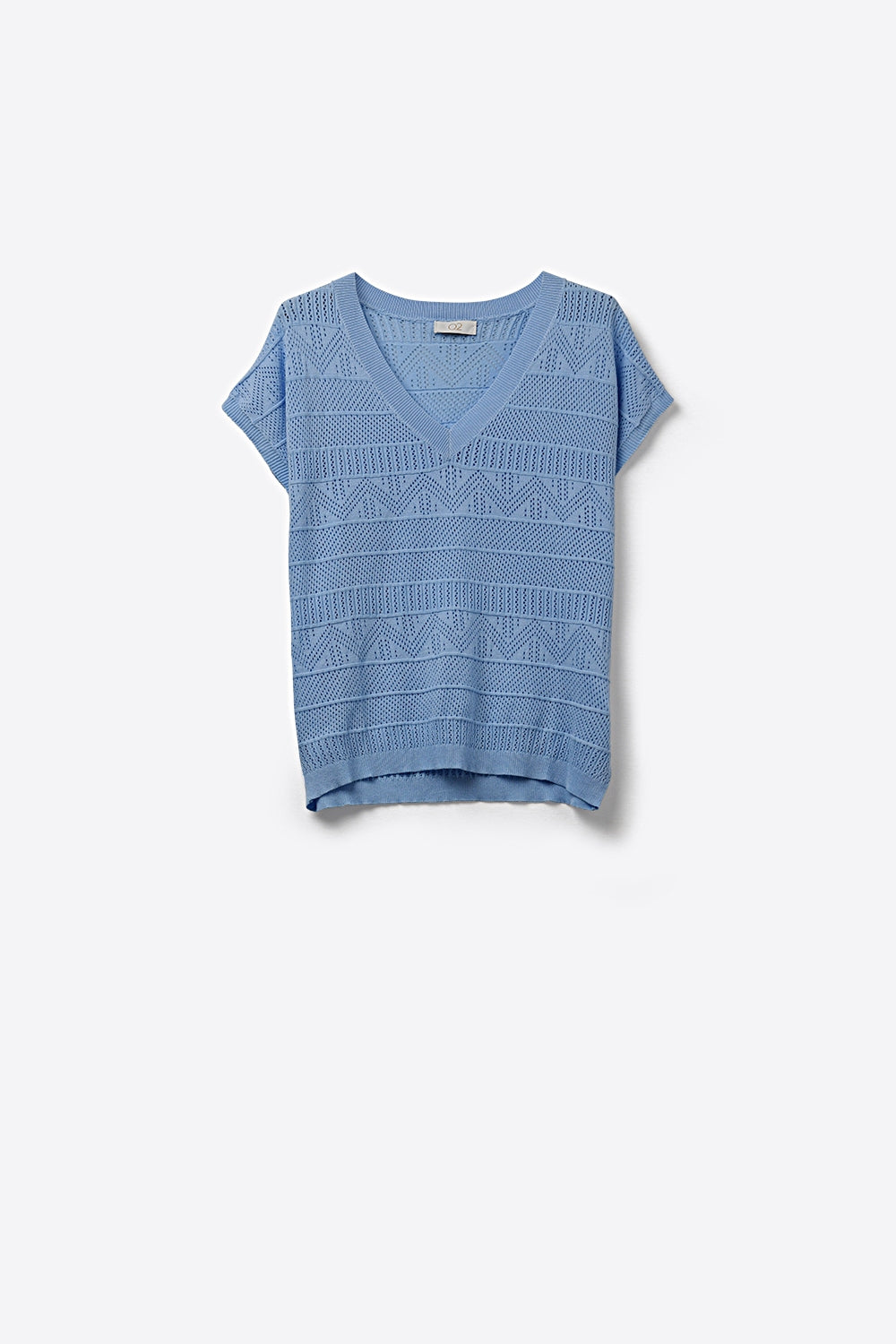 Q2 Light Blue Knit V-Neck Short Sleeve Top