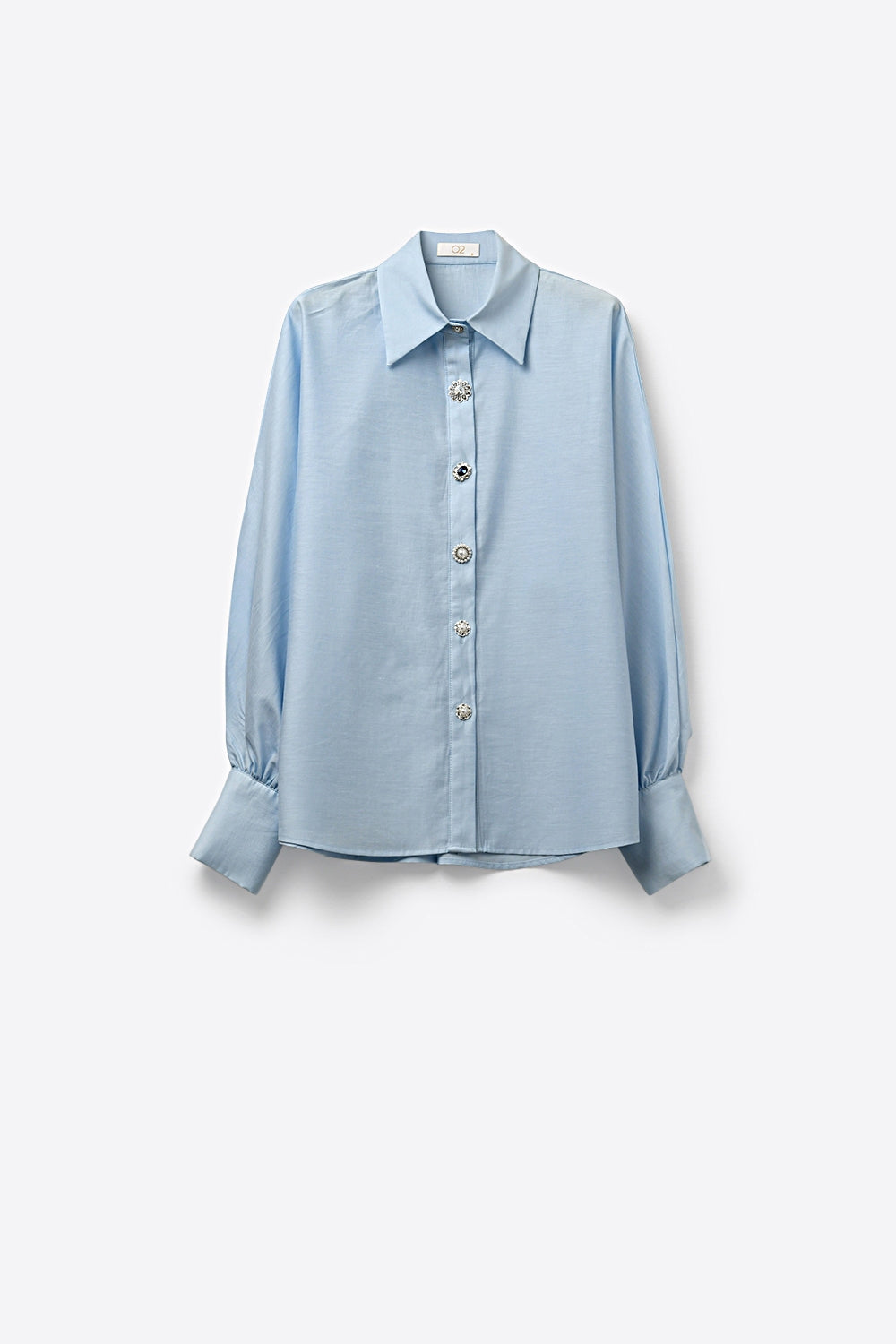 Light Blue Satin Button-Up Long Sleeve Shirt with two buttons on the cuff
