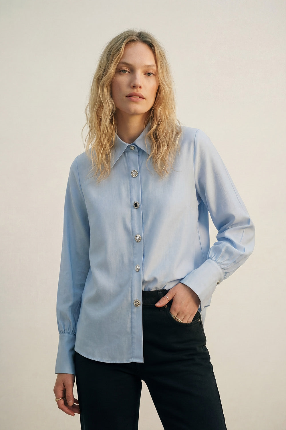 Light Blue Satin Button-Up Long Sleeve Shirt with two buttons on the cuff
