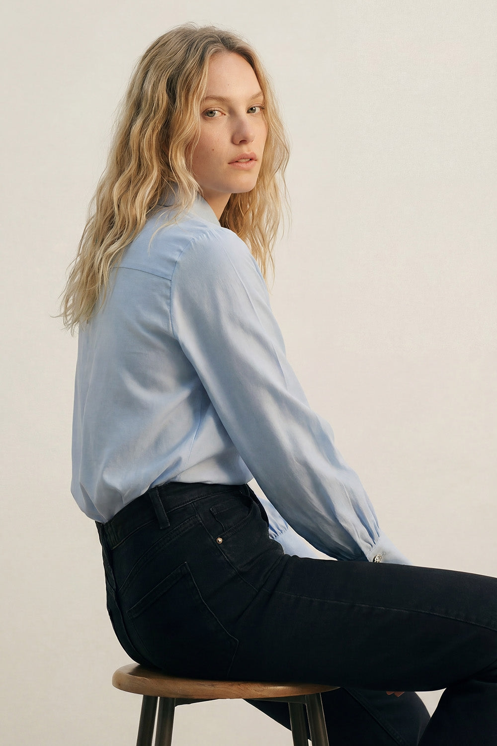 Light Blue Satin Button-Up Long Sleeve Shirt with two buttons on the cuff