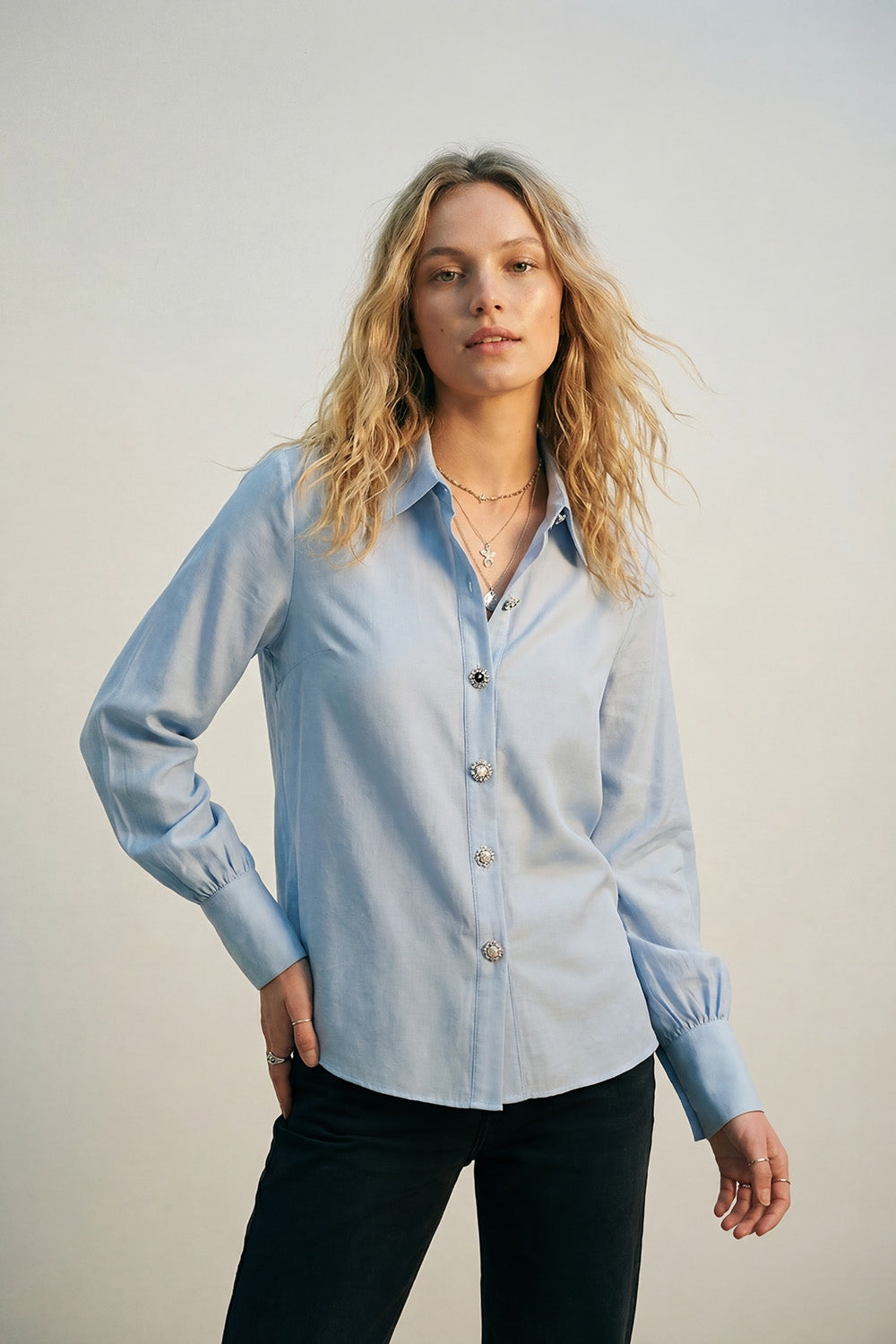 Light Blue Satin Button-Up Long Sleeve Shirt with two buttons on the cuff