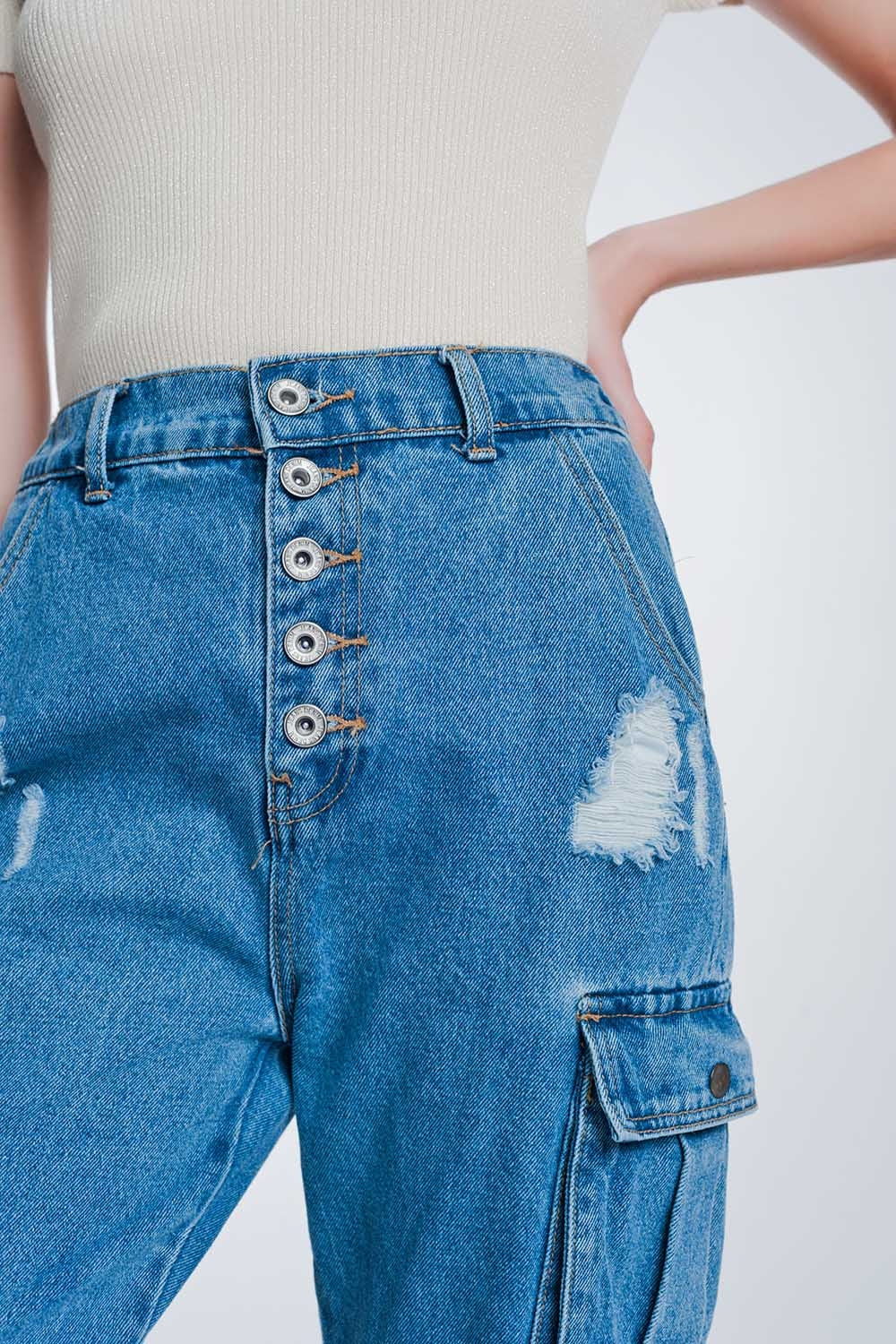 Light Denim Straight Jeans Ripped with Side Pockets