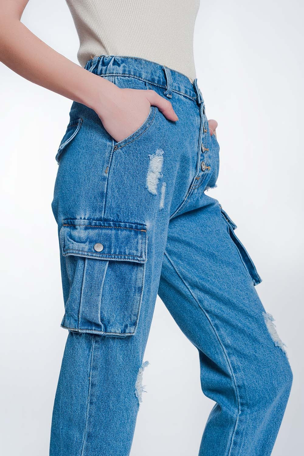 Light Denim Straight Jeans Ripped with Side Pockets