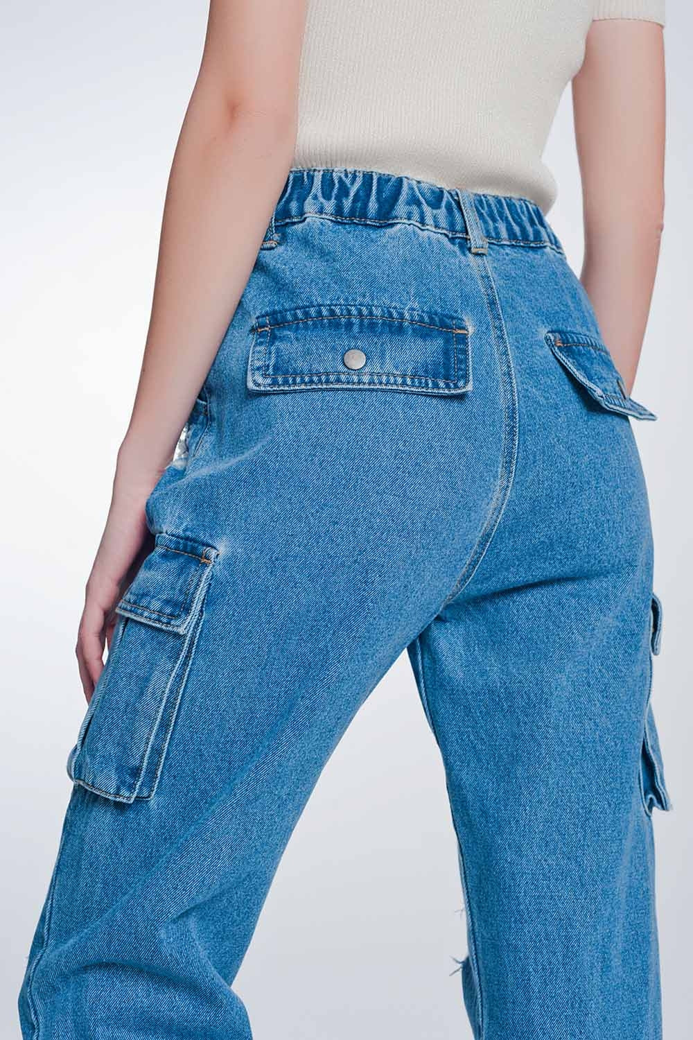 Light Denim Straight Jeans Ripped with Side Pockets