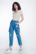 UNIKCOSA Light Denim Straight Jeans Ripped with Side Pockets