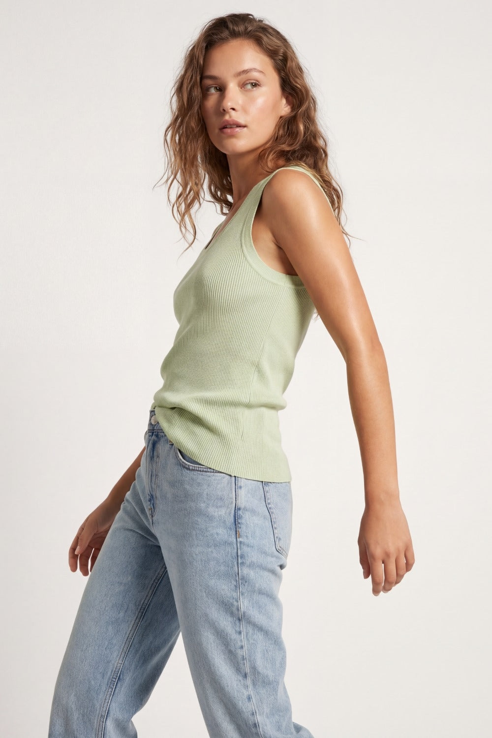 Light Green Ribbed Knit Tank Top for Layering
