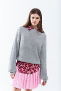 Q2 Light grey chunky knit sweater with balloon sleeves
