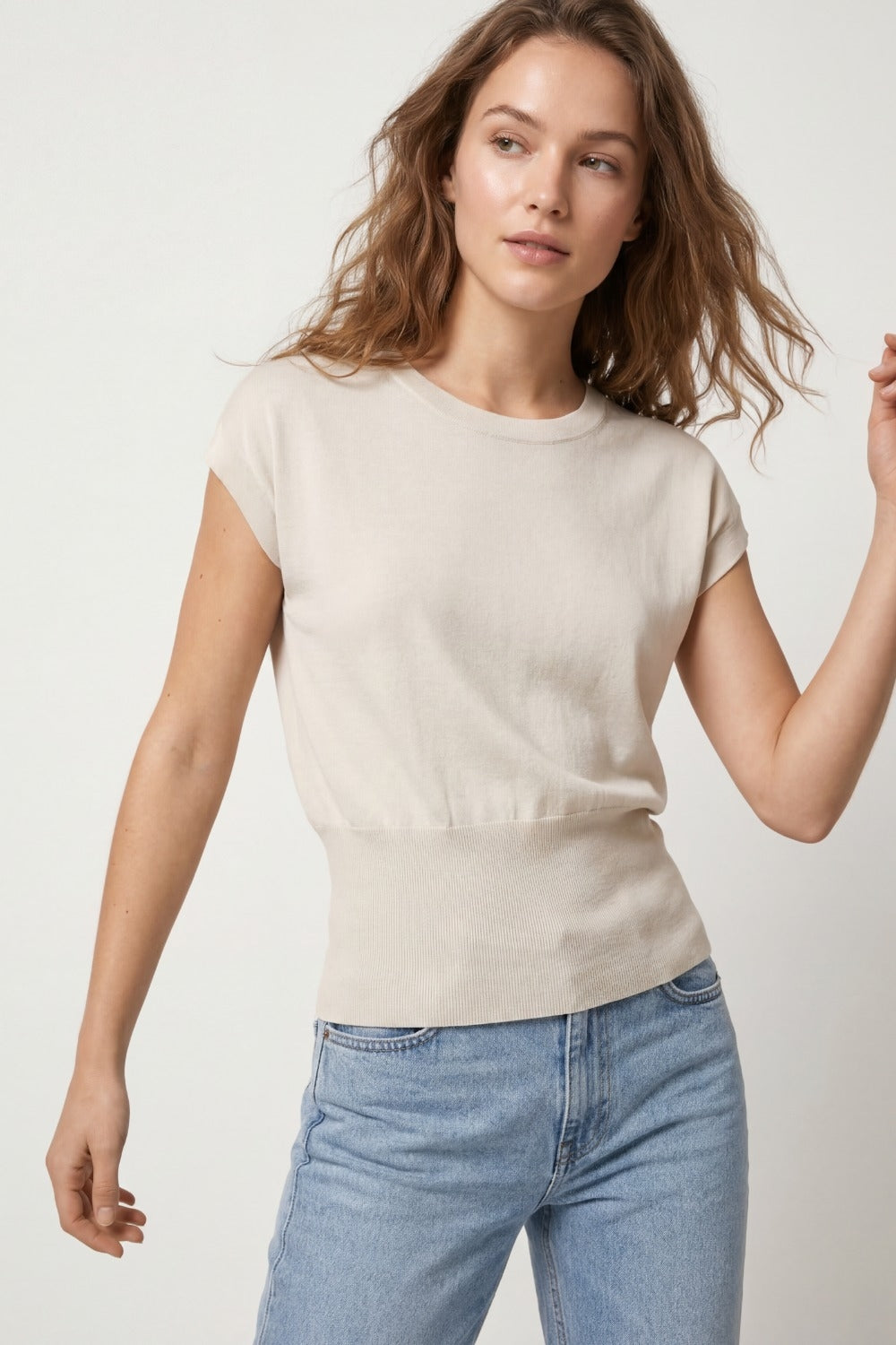 Lightweight Knit sweater with Wide Ribbed Waistband in beige