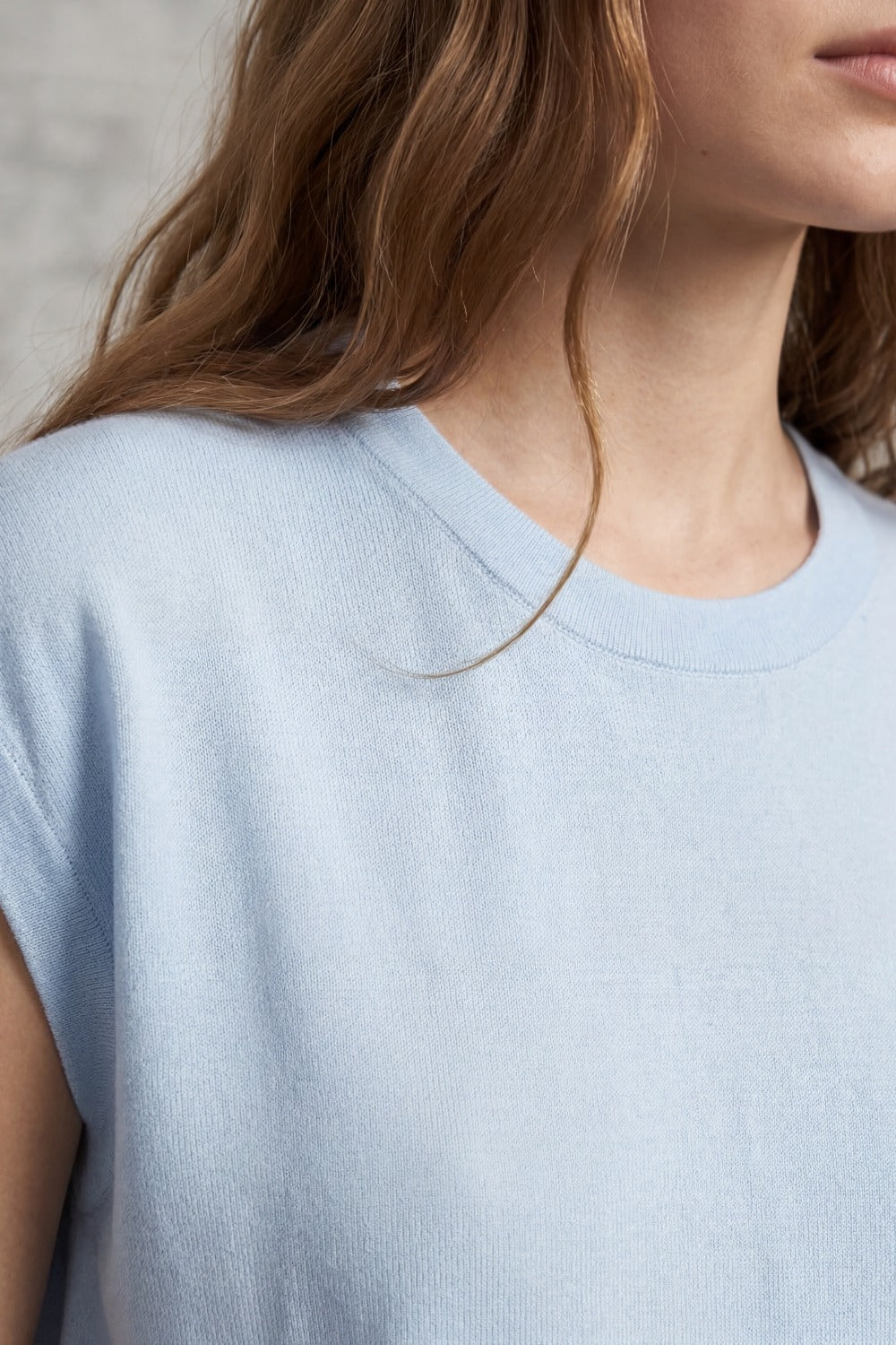Lightweight Knit sweater with Wide Ribbed Waistband in light blue