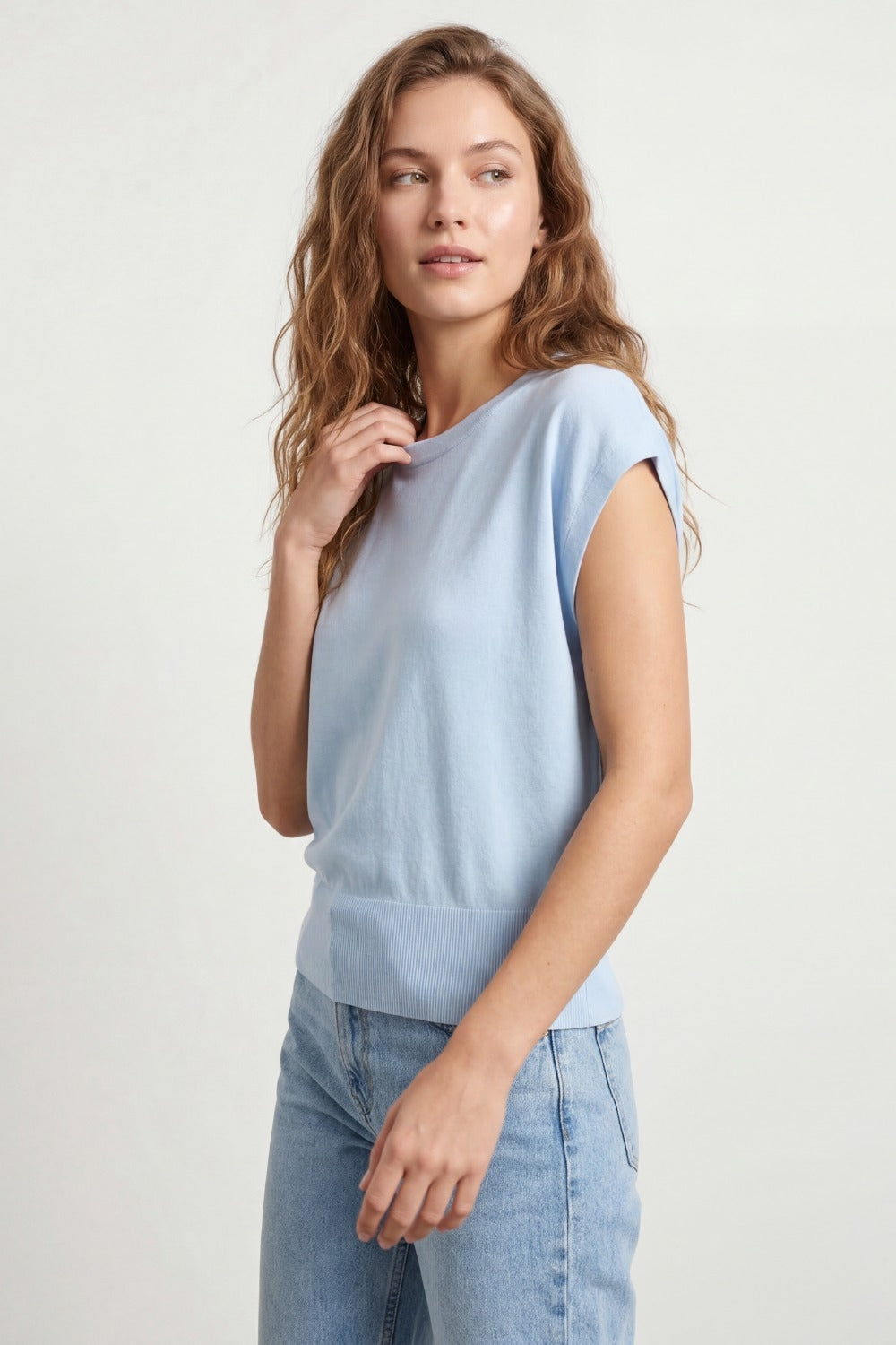 Lightweight Knit sweater with Wide Ribbed Waistband in light blue