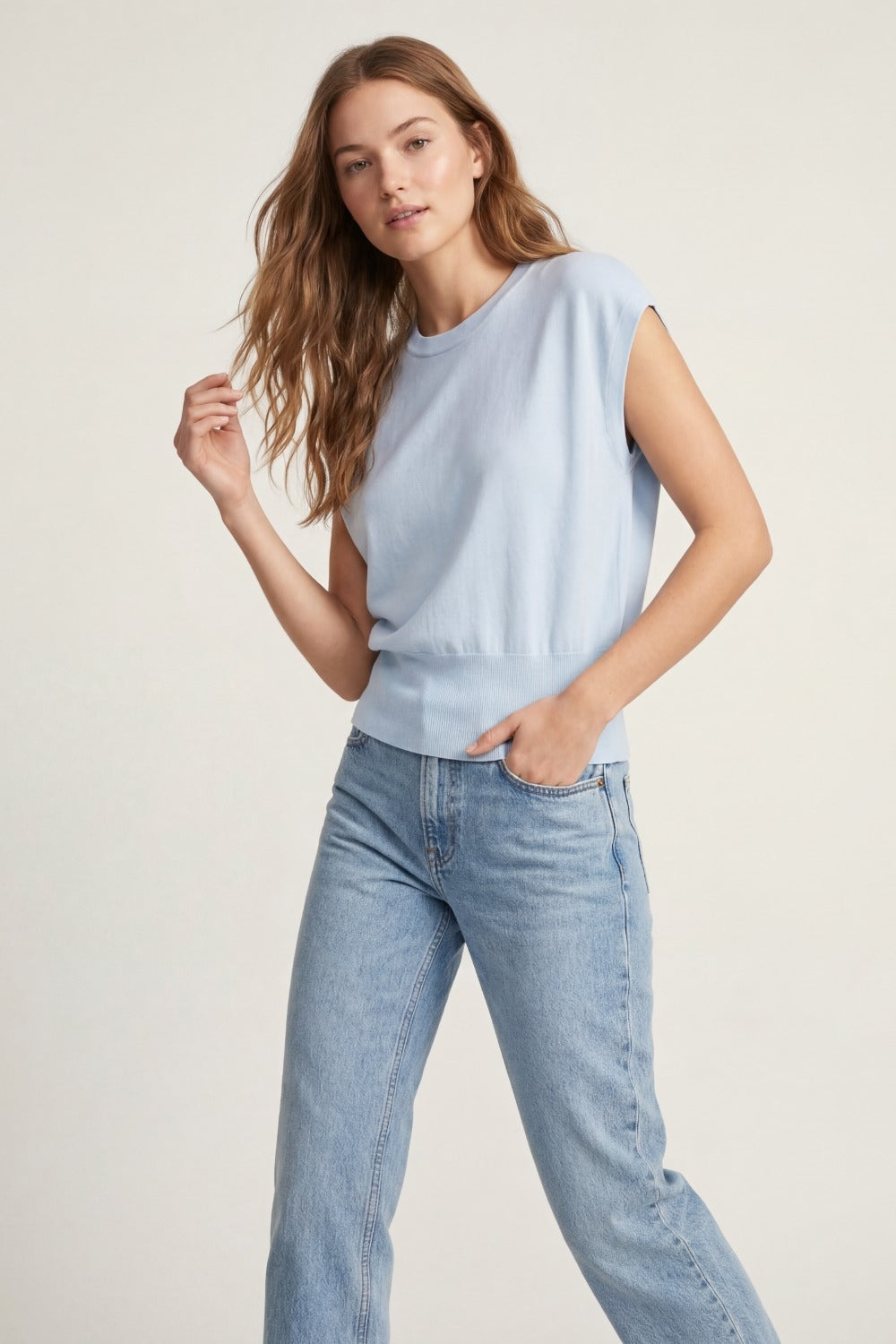 Lightweight Knit sweater with Wide Ribbed Waistband in light blue