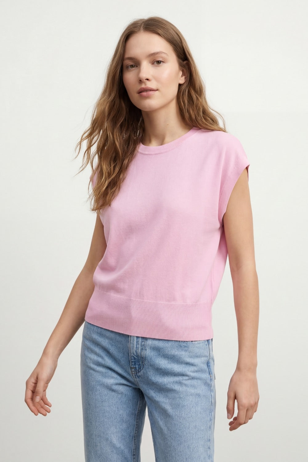 Lightweight Knit sweater with Wide Ribbed Waistband in pink