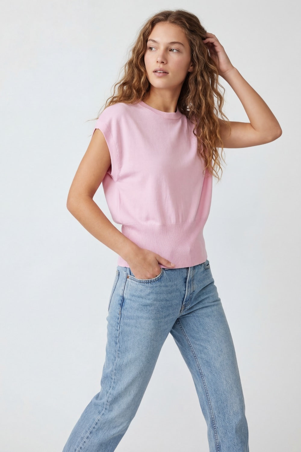 Lightweight Knit sweater with Wide Ribbed Waistband in pink