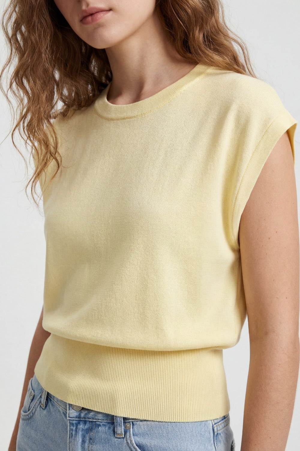 Lightweight Knit sweater with Wide Ribbed Waistband in yellow
