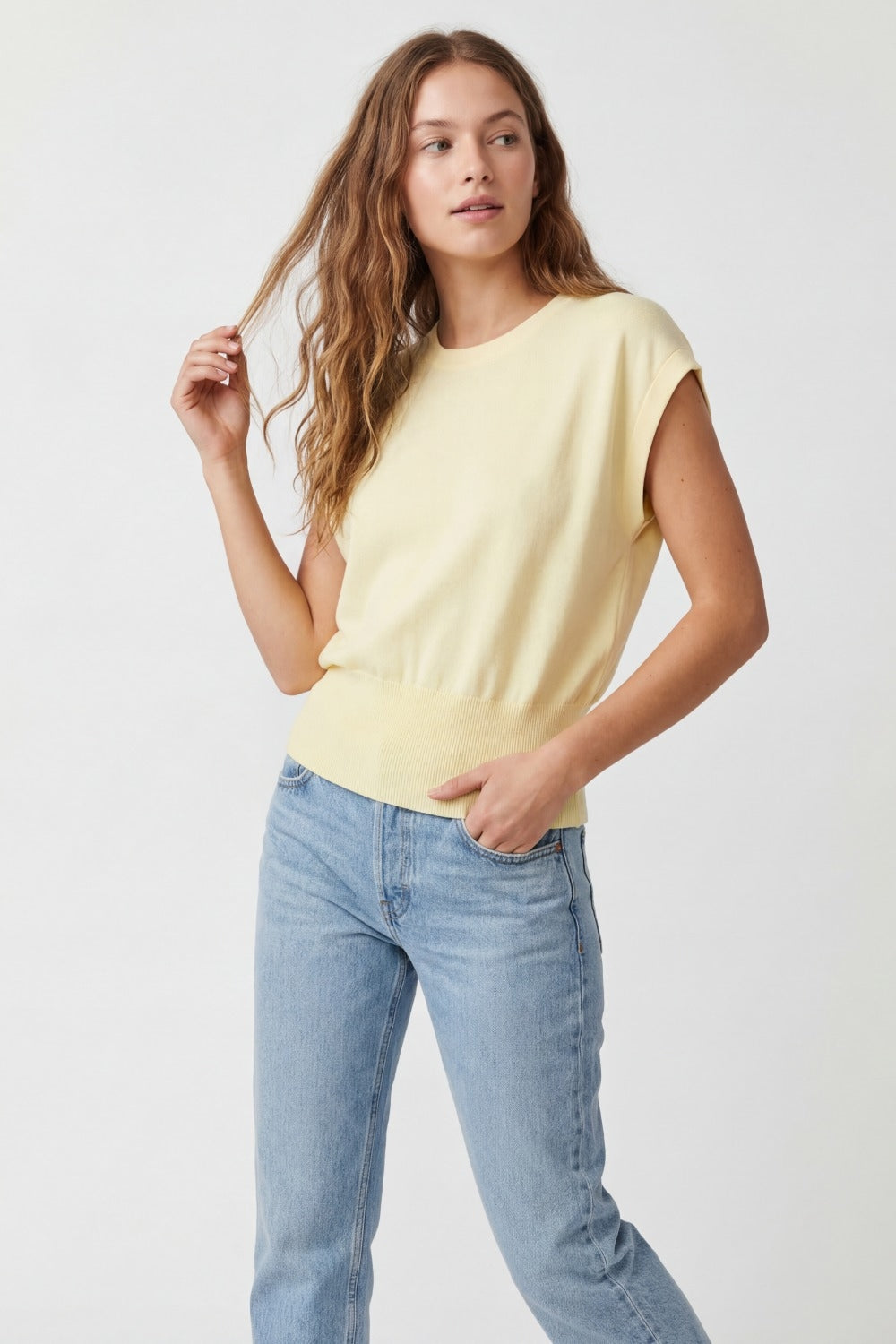 Lightweight Knit sweater with Wide Ribbed Waistband in yellow
