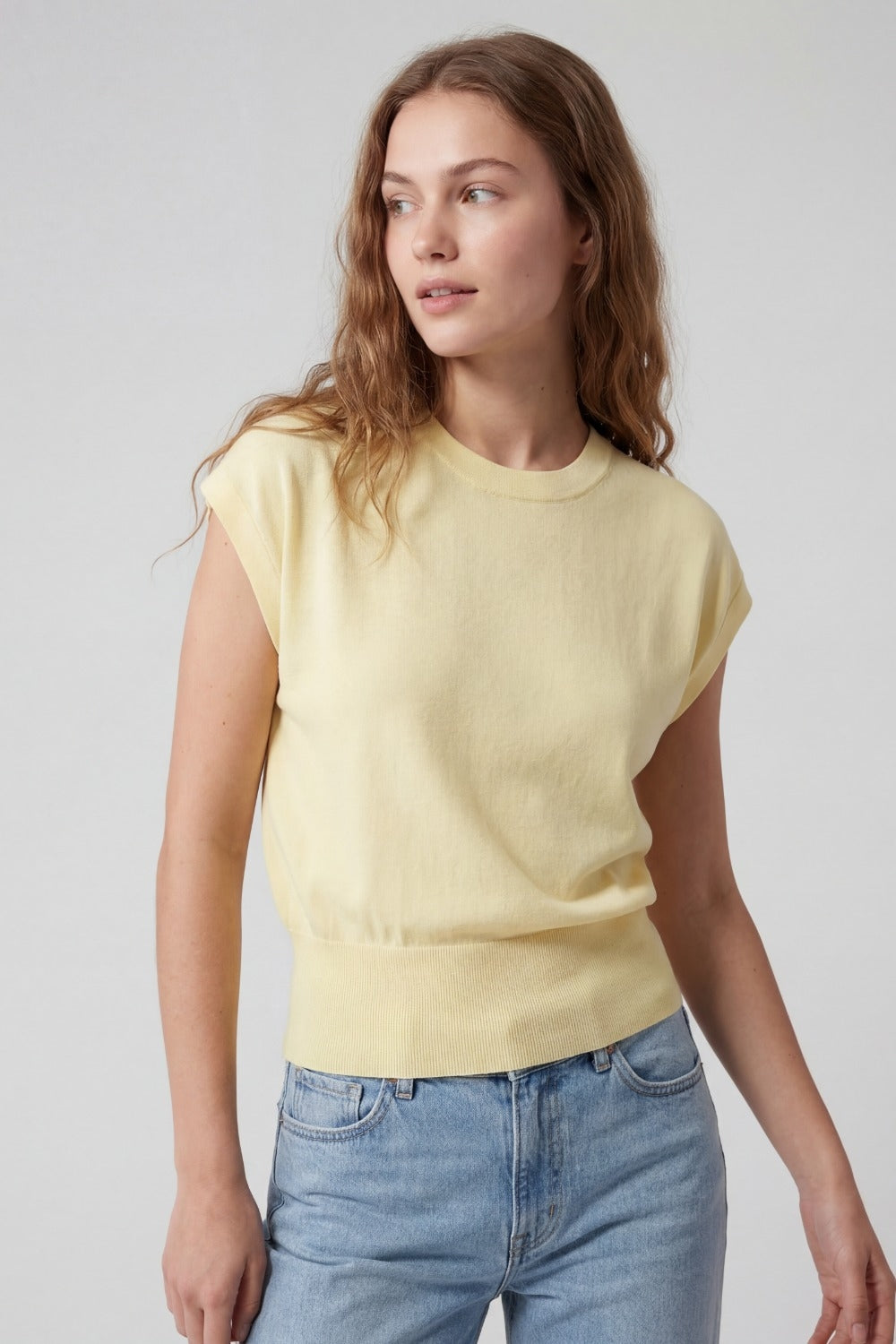 Lightweight Knit sweater with Wide Ribbed Waistband in yellow