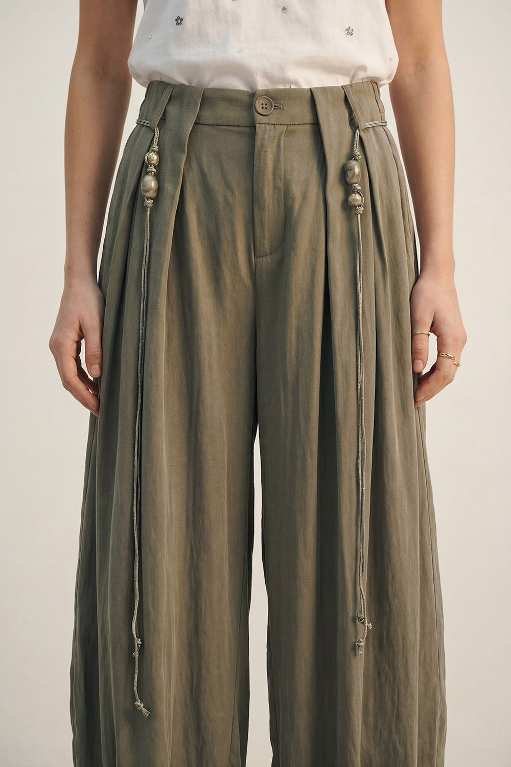 Lightweight Rayon Barrel-Fit Pants in khaki color