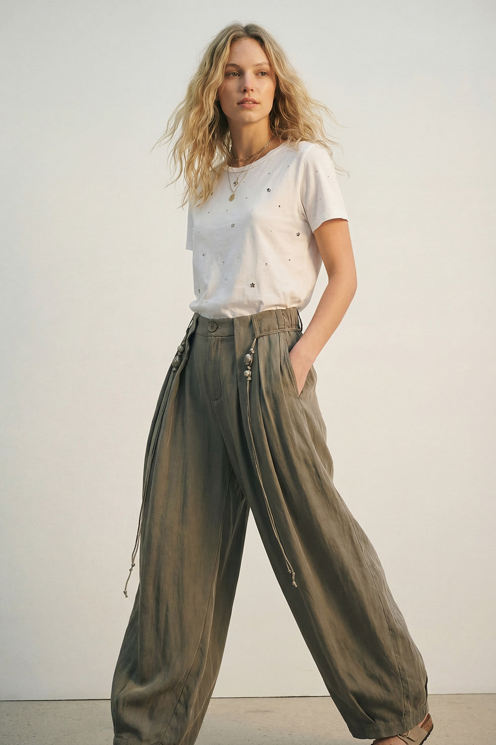 Lightweight Rayon Barrel-Fit Pants in khaki color