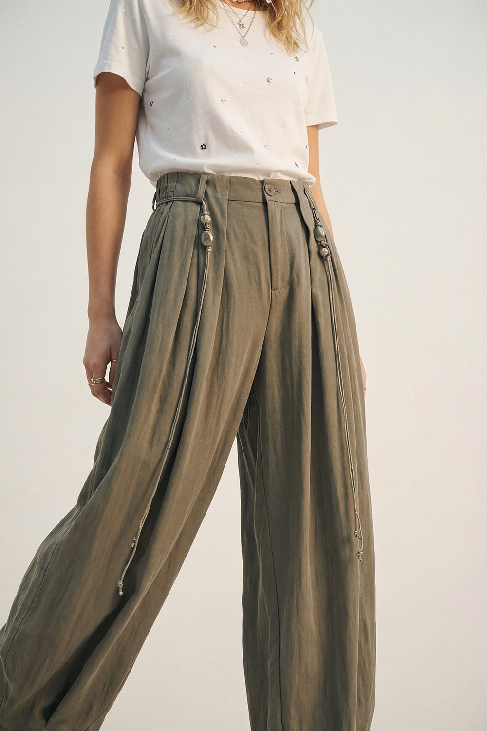 Lightweight Rayon Barrel-Fit Pants in khaki color