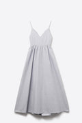 Q2 long blue striped dress with straps and crisscrossed back straps