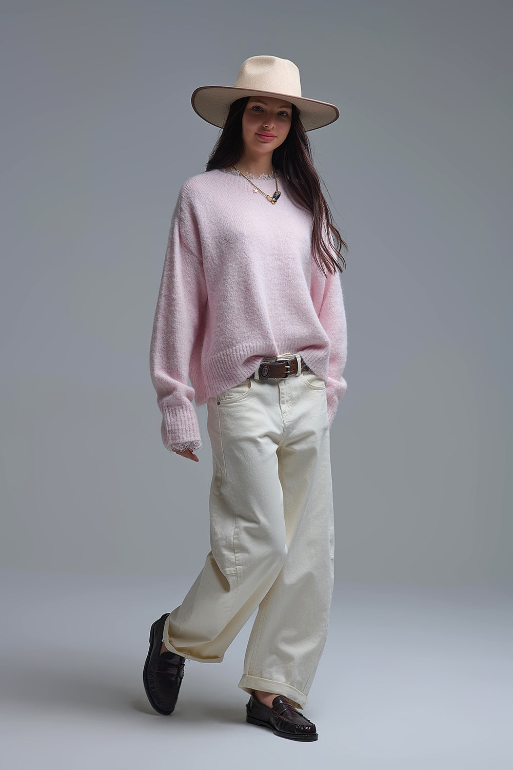Long Oversized Pink Sweater With Lace Details at Cuffs and Neck