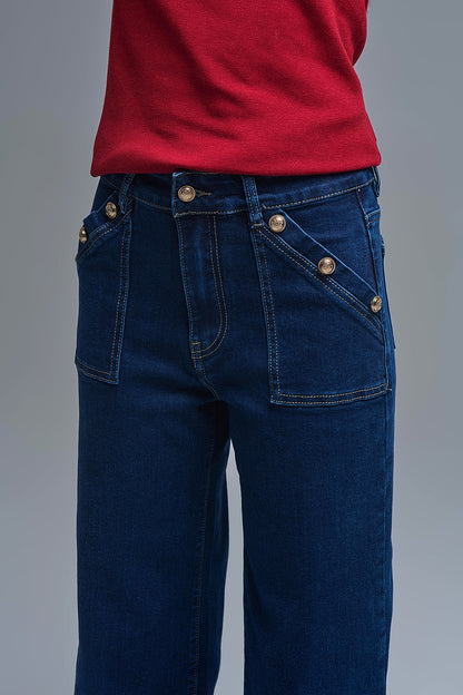 Marine Style Jeans With Contrasting Leopard Folded Hem