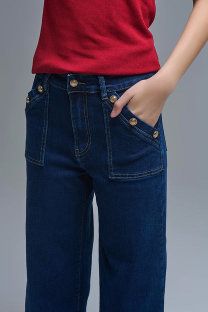 Marine Style Jeans With Contrasting Leopard Folded Hem