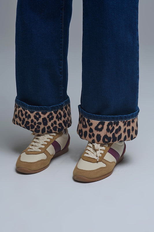 Marine Style Jeans With Contrasting Leopard Folded Hem