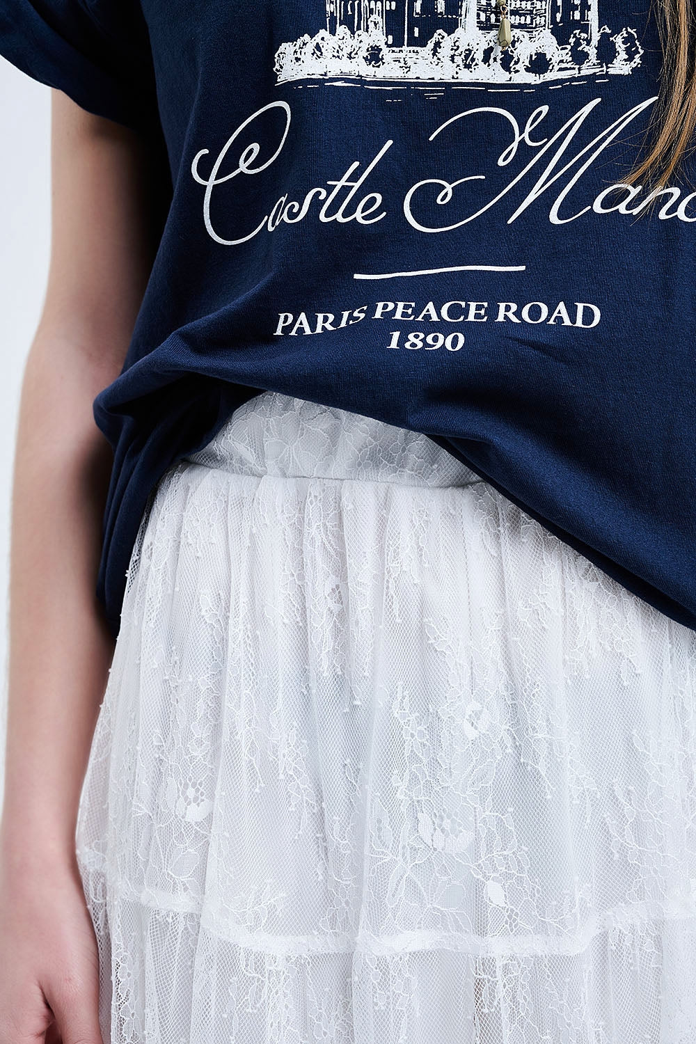 maxi white lace skirt with a floral print