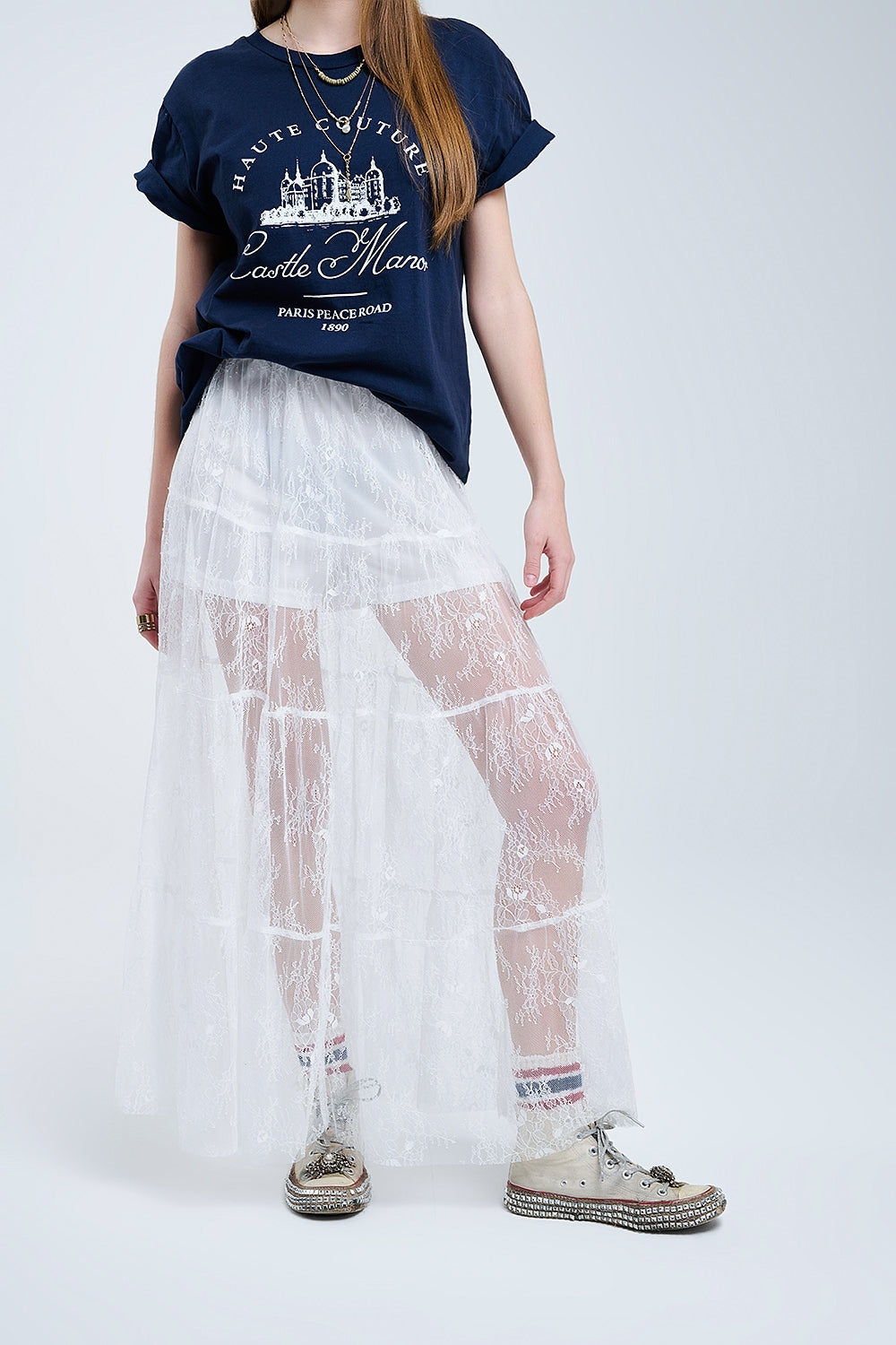 Q2 maxi white lace skirt with a floral print